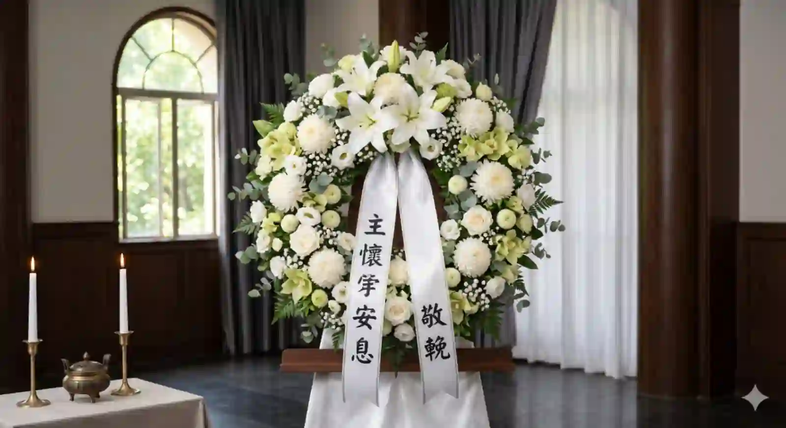 香港殯儀服務花圈佈置示意，適合追思儀式與靈堂場景